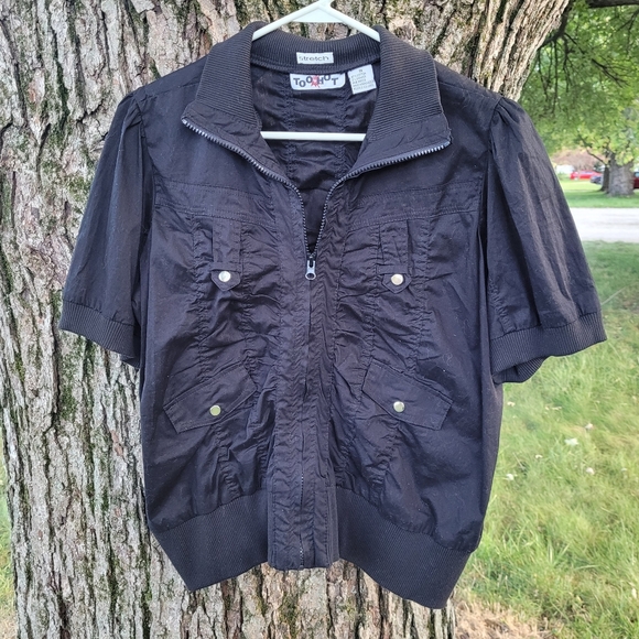 Jacket shorts sleeve black sz. 1X stretch, ruched - Picture 1 of 5